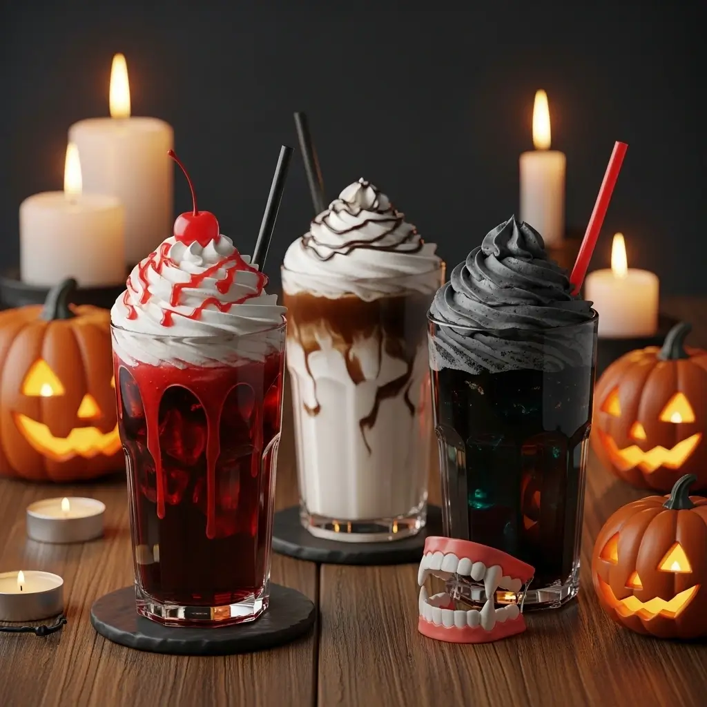 Three variations of Vampire Iced Coffee — classic, creamy, and gothic — with Halloween props and moody lighting
