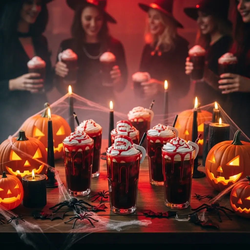 Halloween party table with Vampire Iced Coffees, pumpkins, candles, spiderwebs, and vampire decorations