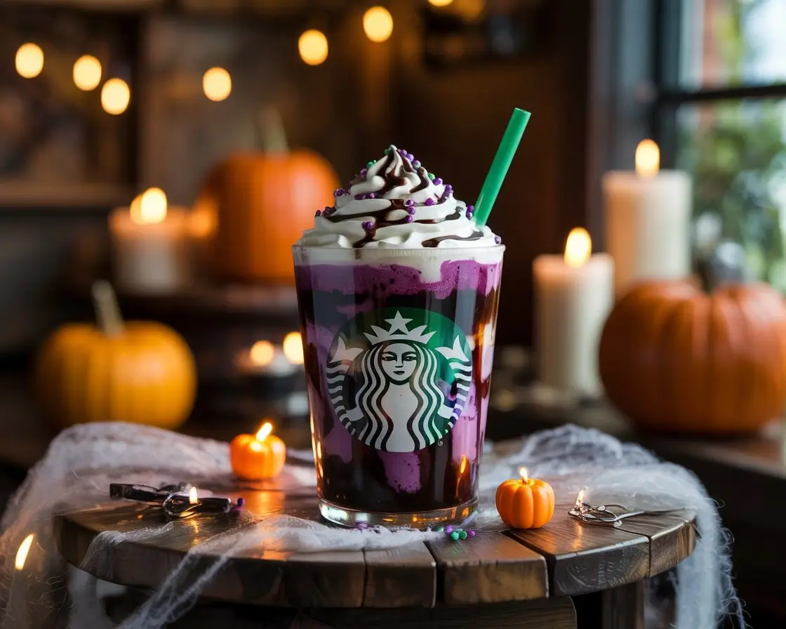 Starbucks Spooky Frappuccino with purple and black layers, whipped cream, chocolate drizzle, and Halloween décor