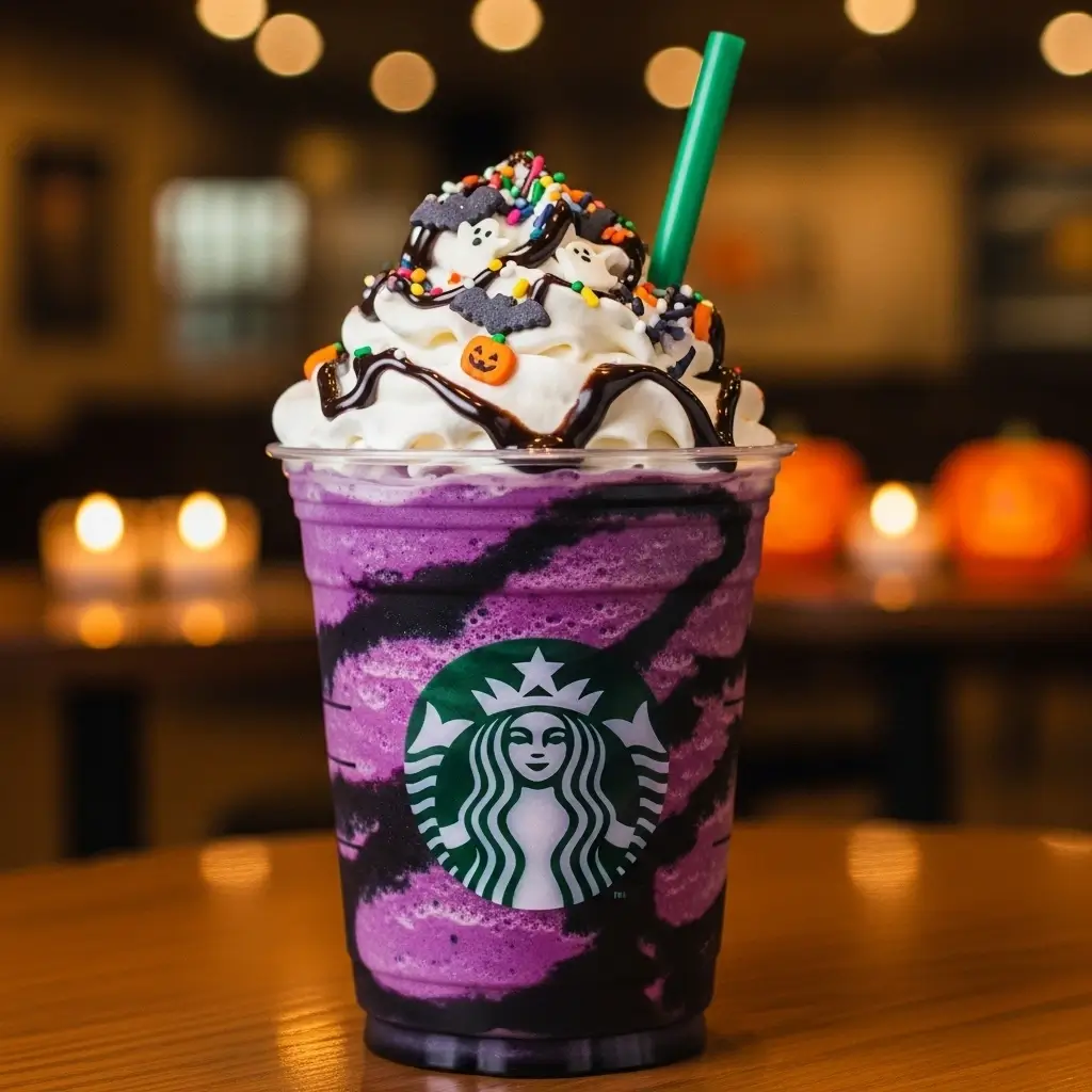 Starbucks Spooky Frappuccino with purple and black layers, whipped cream, and Halloween sprinkles in a cozy café