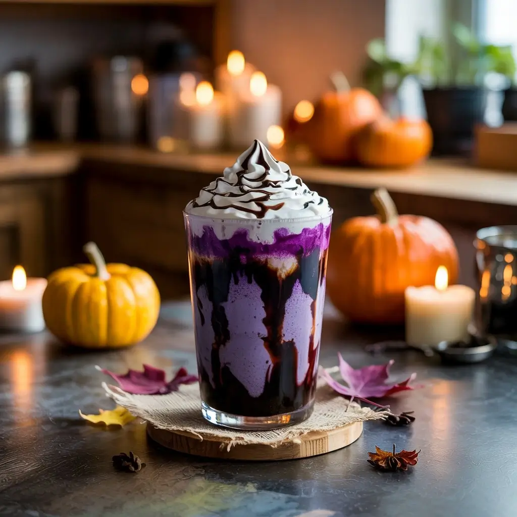 Homemade Starbucks Spooky Frappuccino with purple and black layers, whipped cream, chocolate drizzle, and Halloween décor on a kitchen counter