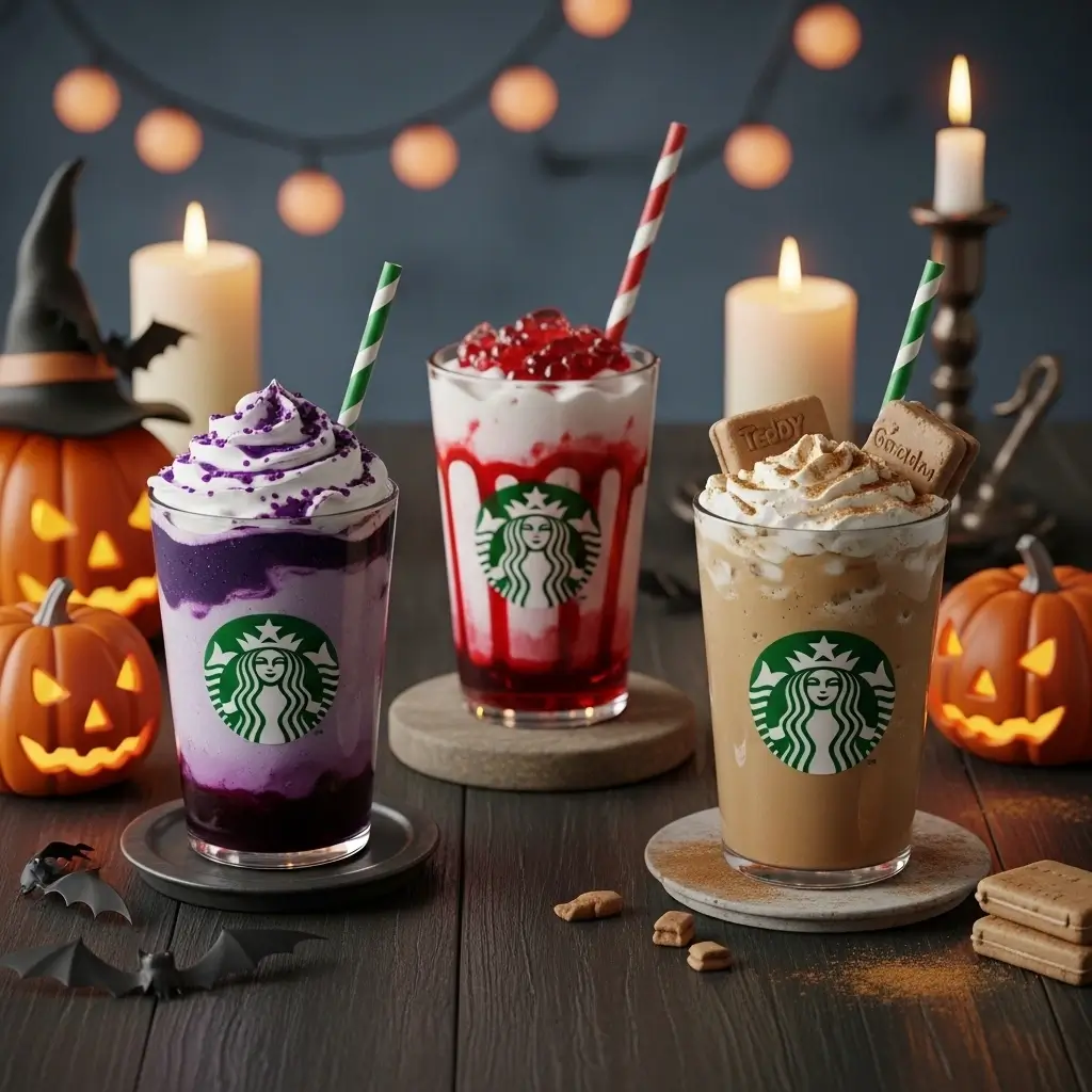 Starbucks Spooky Frappuccino paired with Halloween treats like candy corn, chocolate bats, and mini pumpkin cookies