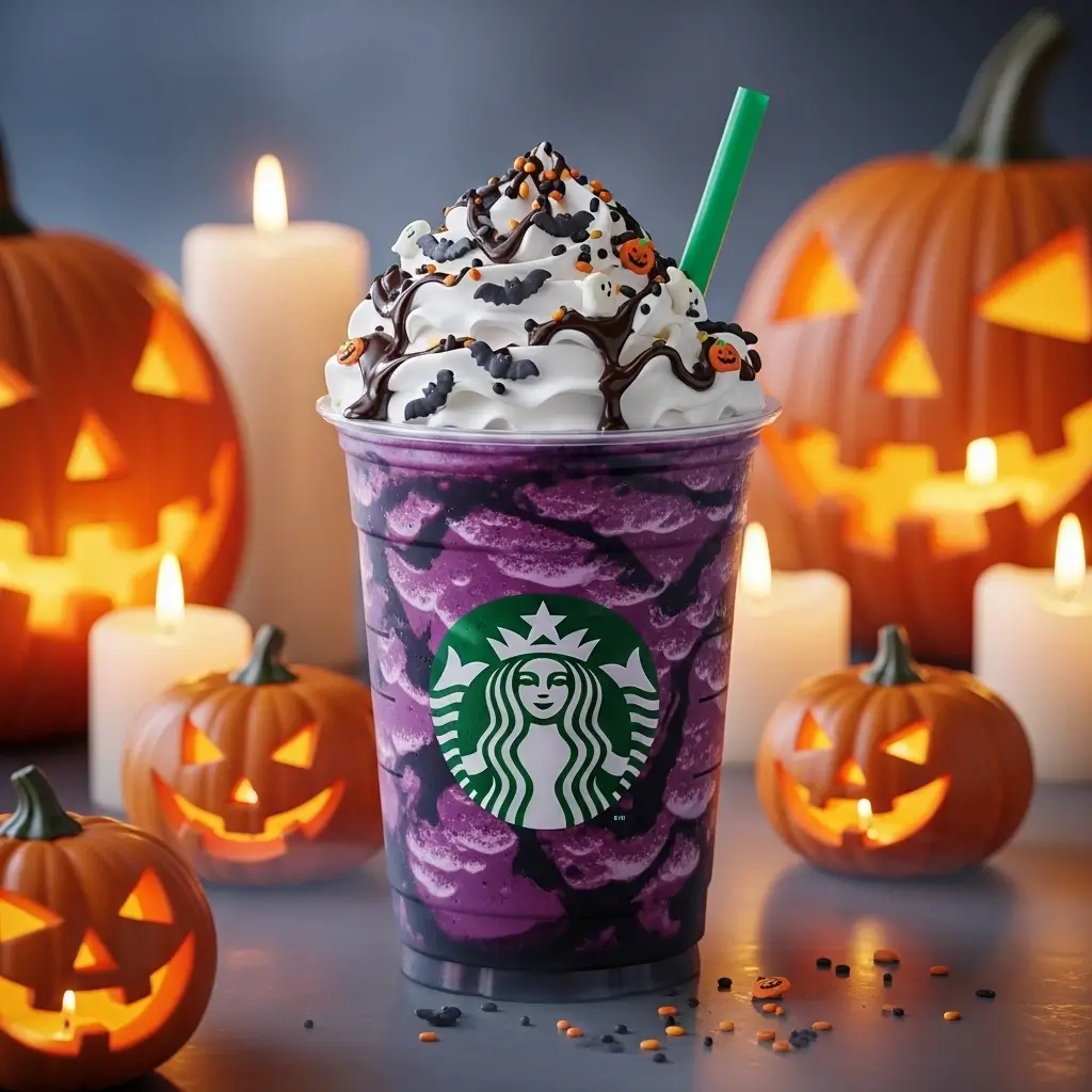2025 Halloween iced coffee trends: Starbucks Spooky Frappuccino, homemade Vampire Iced Coffee, and Teddy Graham Iced Chai with Halloween décor