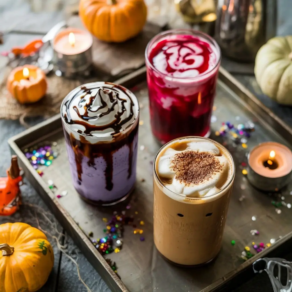 Homemade spooky Frappuccino-inspired iced coffee drinks with whipped cream, chocolate drizzle, cinnamon, and Halloween décor