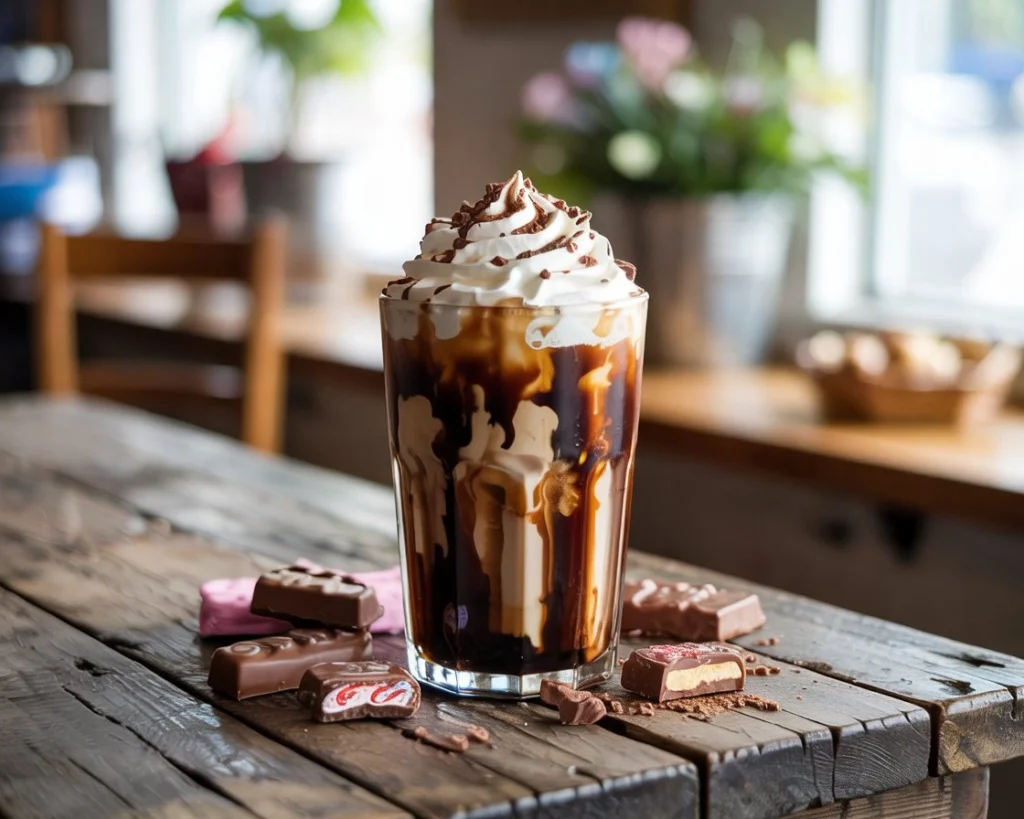 Candy bar iced coffee topped with whipped cream, chocolate drizzle, and crushed candy pieces on a wooden table
