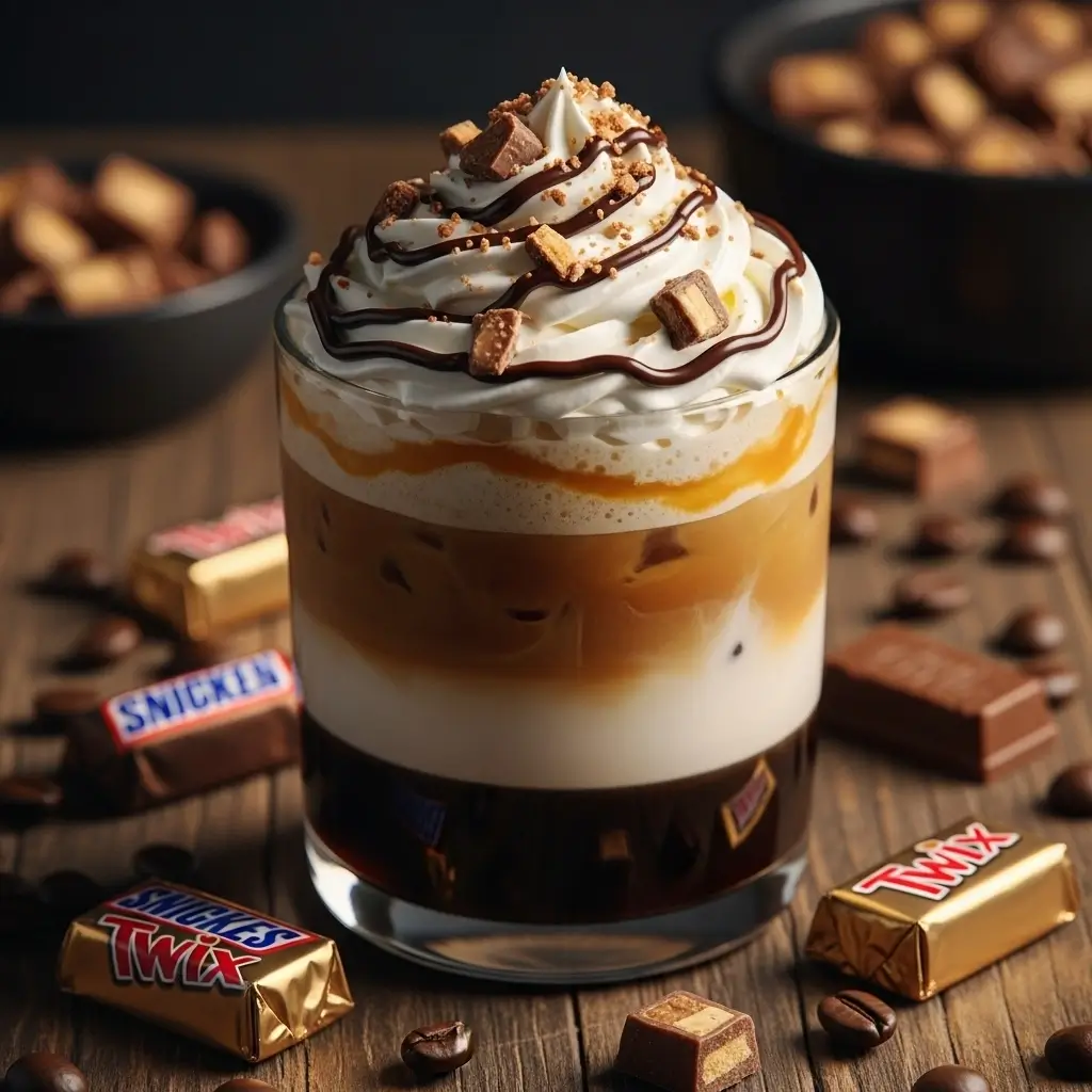 Close-up of candy bar iced coffee with whipped cream, chocolate drizzle, and candy pieces surrounded by mini candy bars