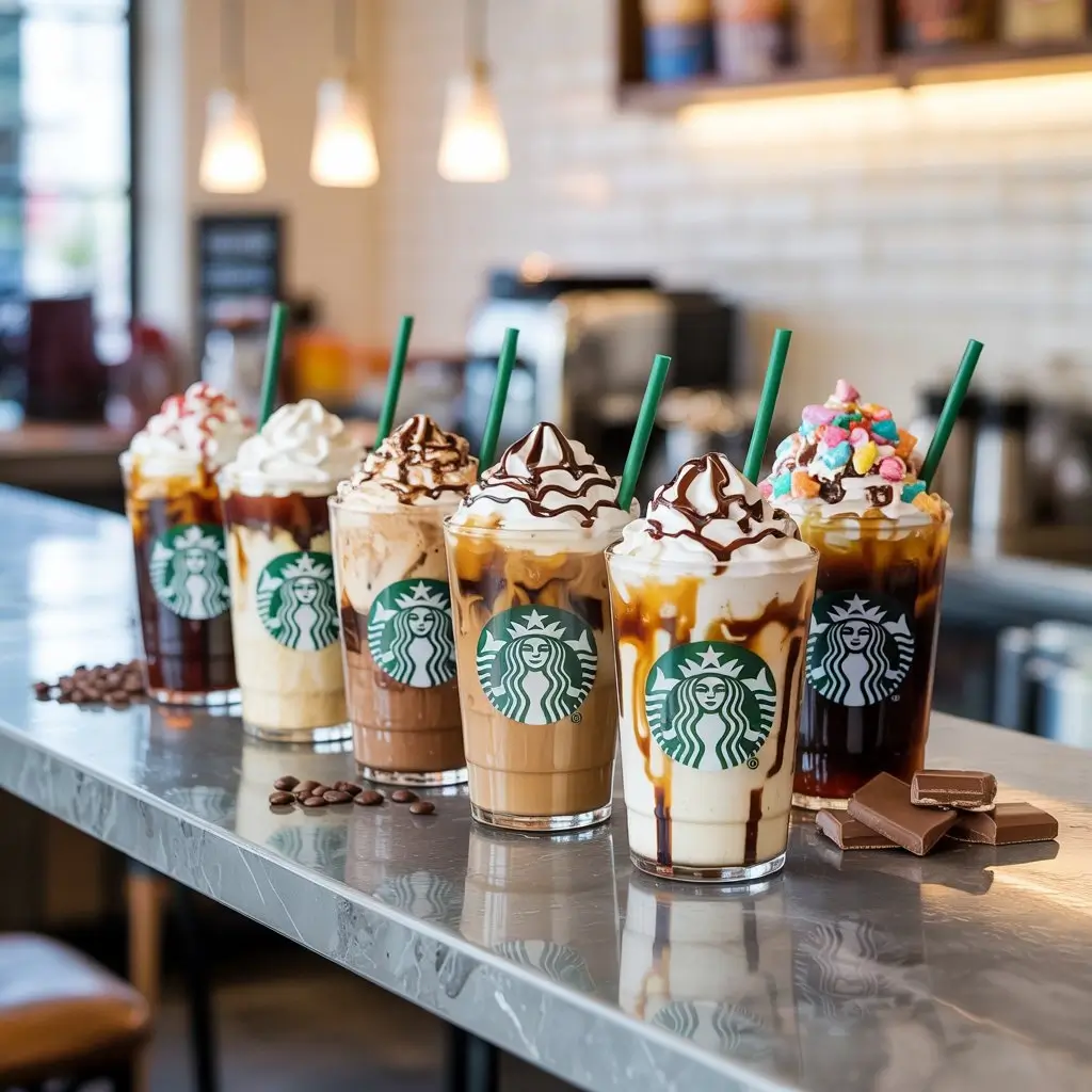 Starbucks candy bar iced coffee drinks topped with whipped cream, caramel, and chocolate drizzle on a café counter