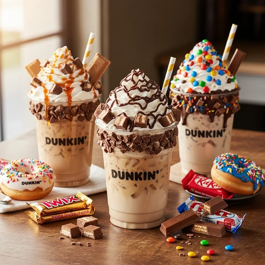 Dunkin’ candy-inspired iced coffee drinks with whipped cream, chocolate drizzle, and candy pieces on a café counter