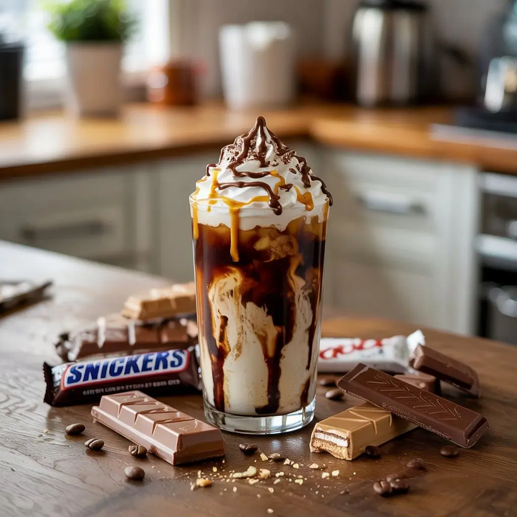 Homemade candy bar iced coffee with whipped cream, chocolate and caramel drizzle, and candy bar pieces on a kitchen counter