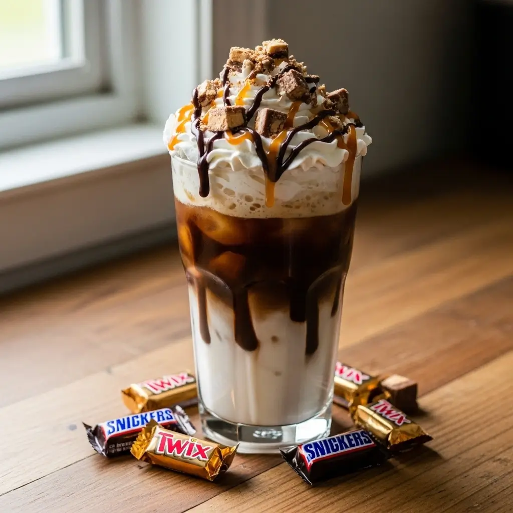 Homemade candy bar iced coffee with whipped cream, chocolate and caramel drizzle, and candy bar pieces on a wooden kitchen counter