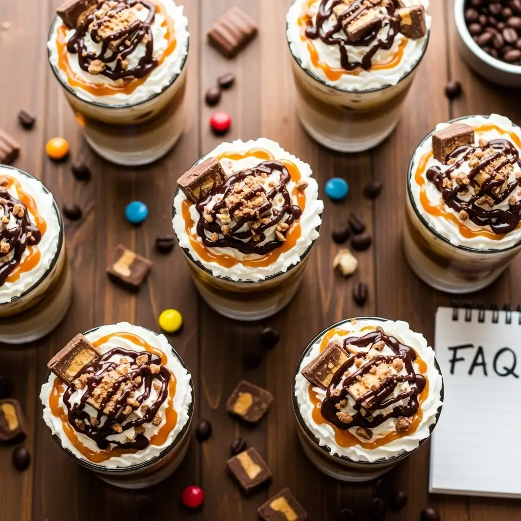 Flat lay of candy bar iced coffee glasses with whipped cream, chocolate drizzle, caramel, and candy pieces, styled with FAQ notepad and props