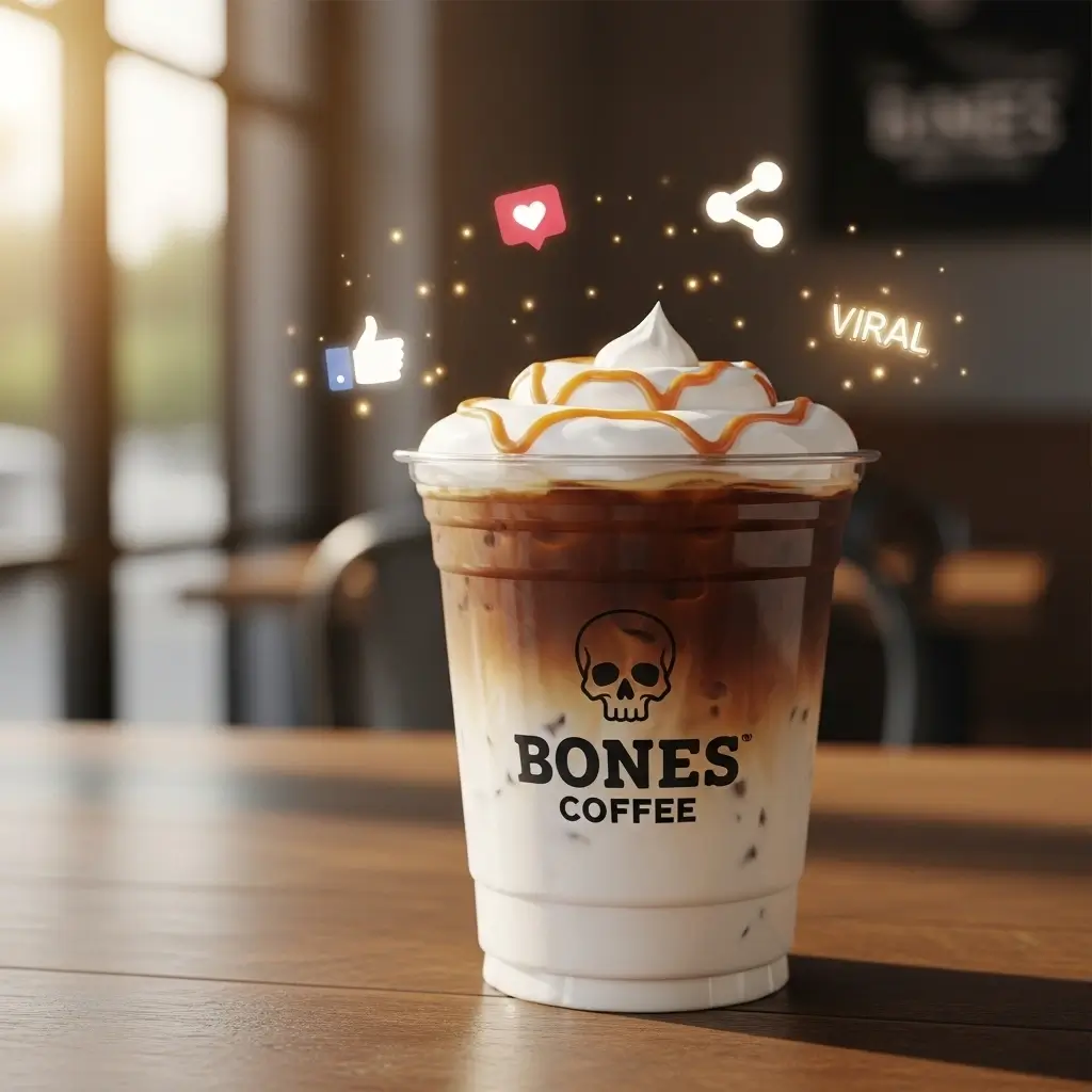Bones Coffee iced coffee with frothy foam and caramel drizzle, styled on a café table with subtle social media/viral elements