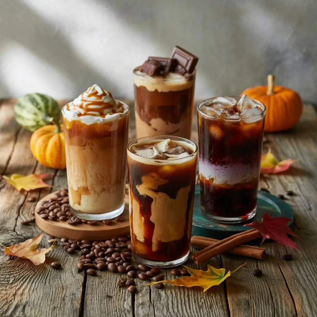 Variety of flavored iced coffees including caramel, chocolate candy bar, pumpkin spice, and spooky purple-black drinks, styled on a wooden table