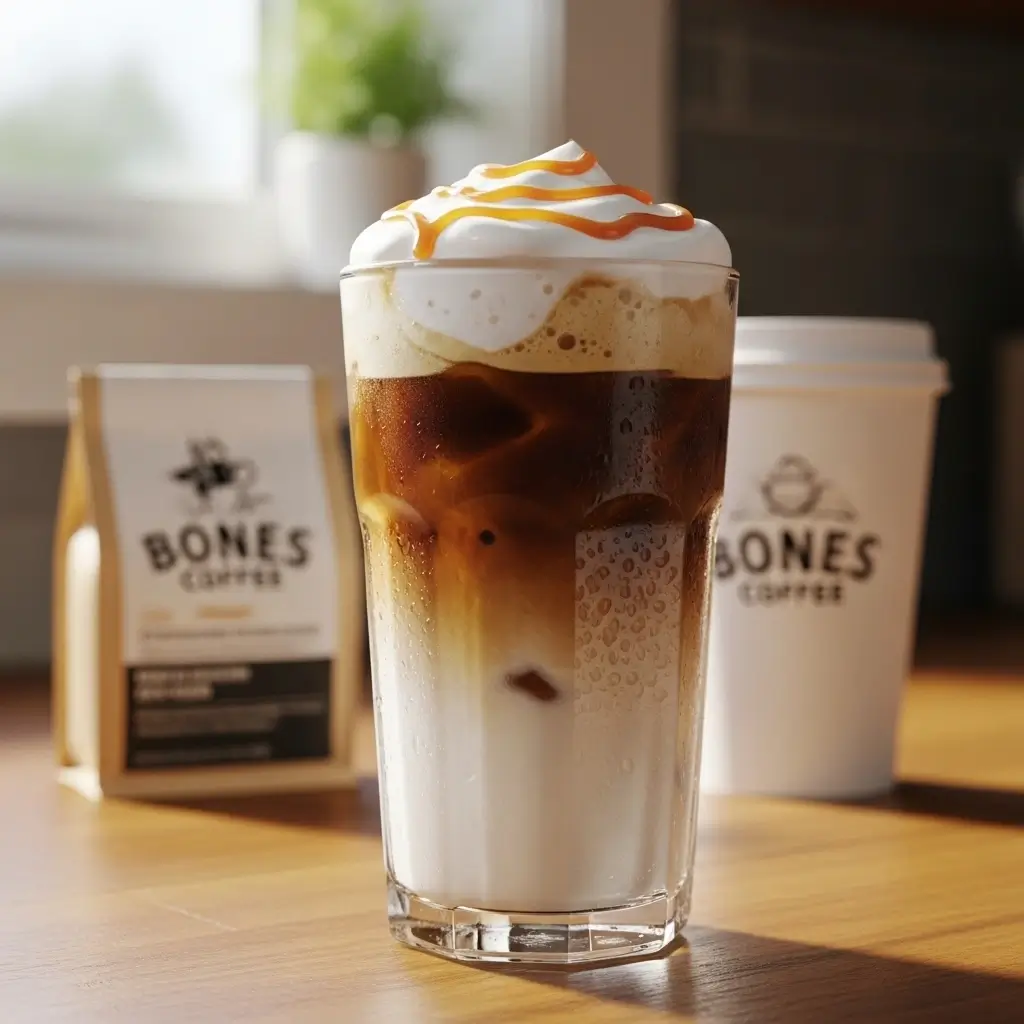 Homemade Bones Coffee iced coffee with frothy foam, caramel drizzle, and layered espresso and milk on a kitchen counter