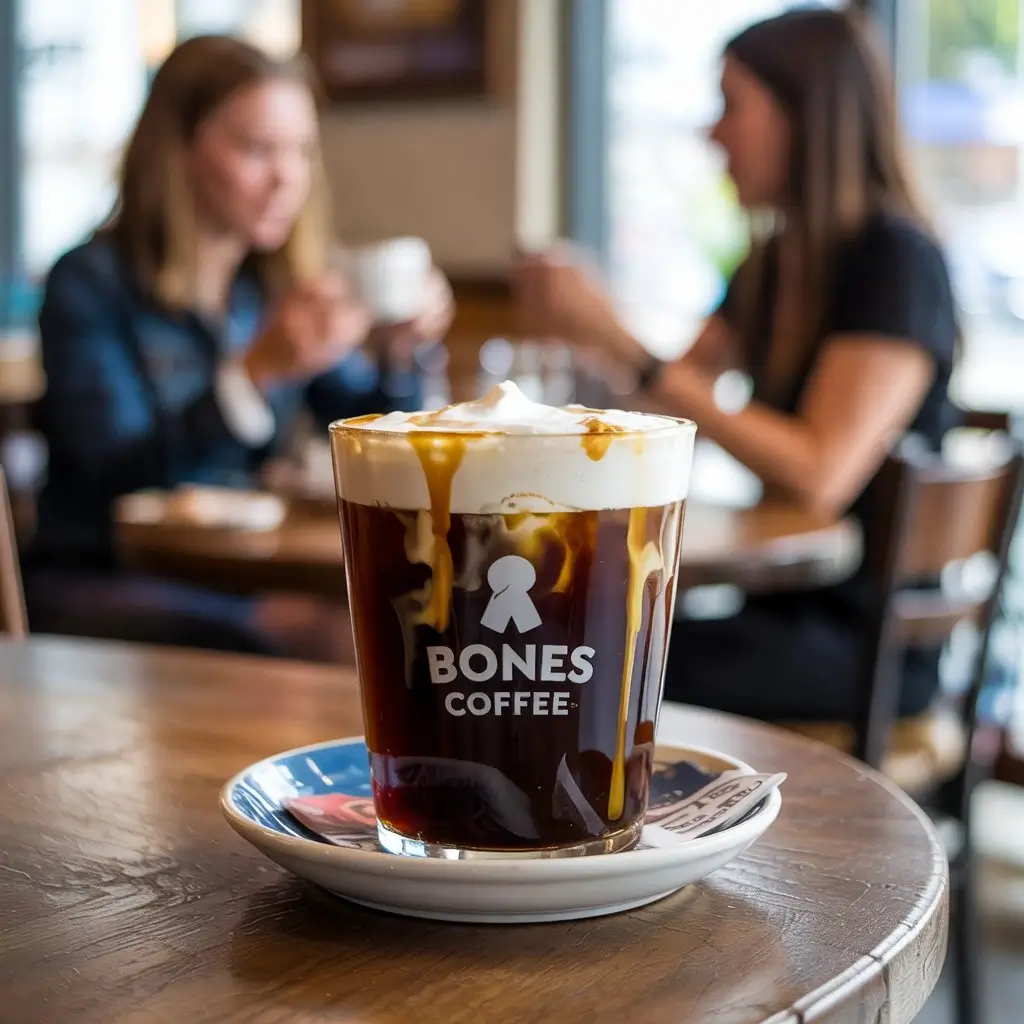 Bones Coffee iced coffee with frothy foam and caramel drizzle, styled on a café table with blurred café background and subtle social media elements