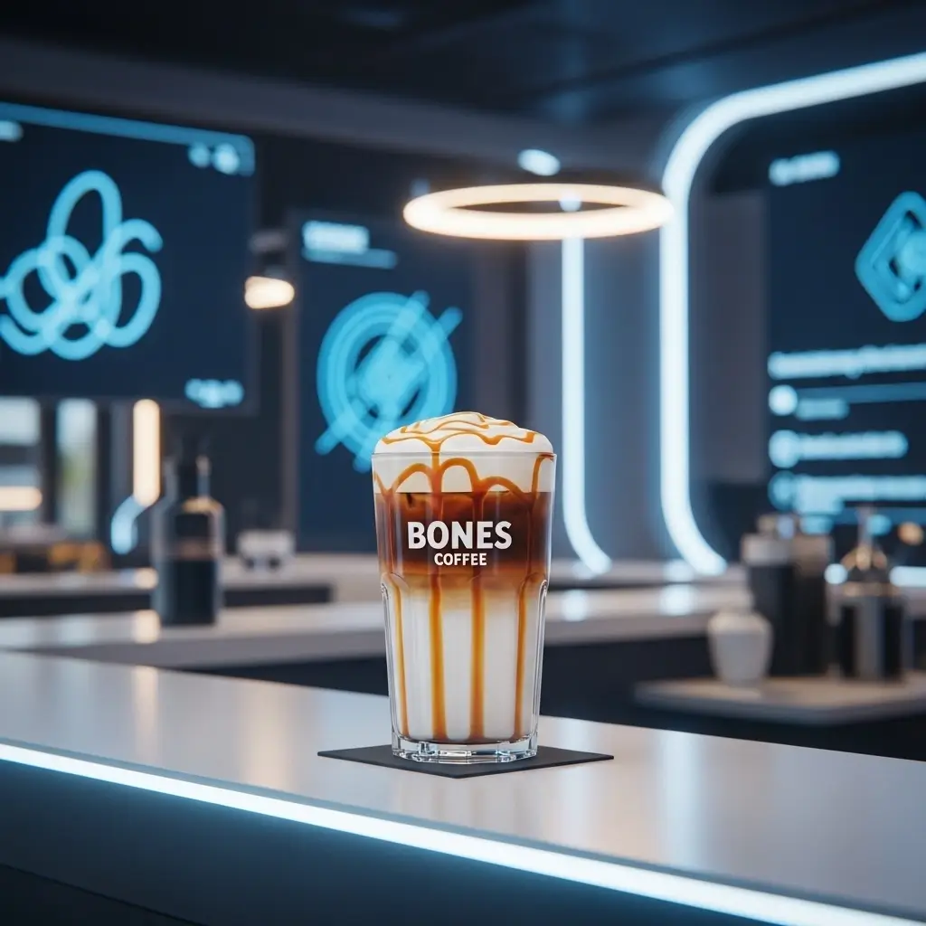 Bones Coffee iced coffee on a modern café counter with frothy foam and caramel drizzle, futuristic café décor in the background