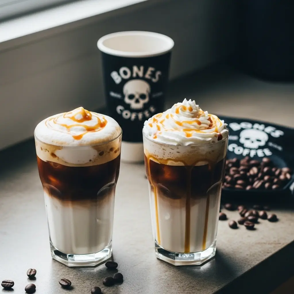 Homemade Bones Coffee iced coffees with frothy foam, caramel drizzle, and coffee beans on a kitchen counter