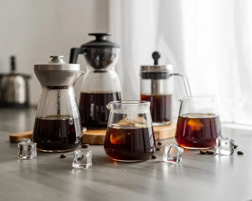 Five cold brew coffee makers with rich dark coffee and condensation on a modern kitchen counter with coffee beans and ice cubes