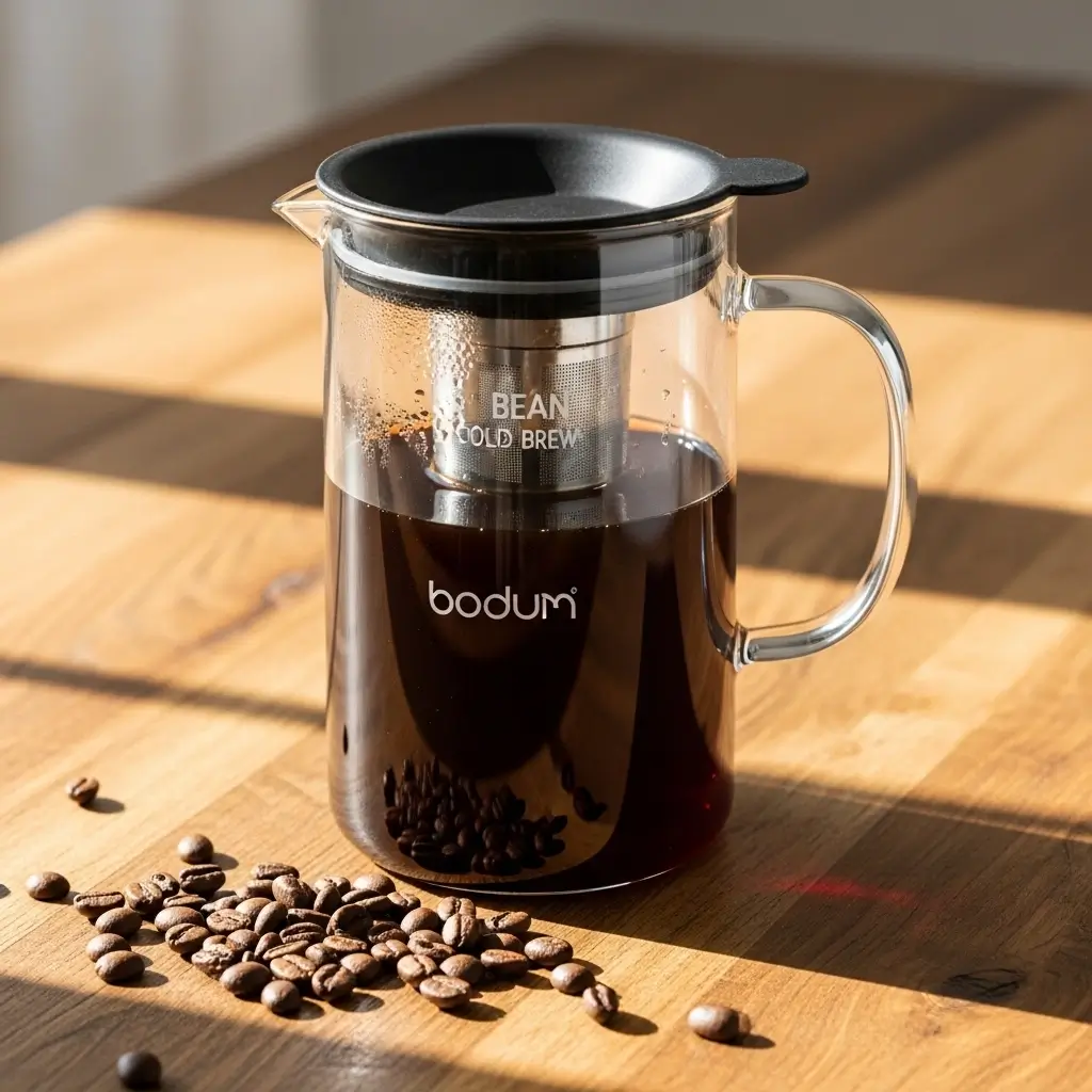 Bodum Bean Cold Brew Coffee Maker on a wooden table with coffee beans