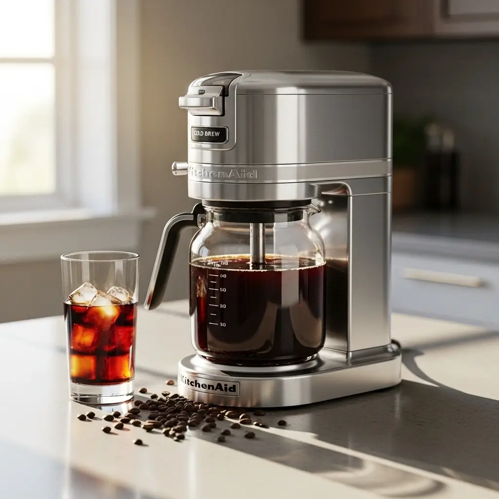 KitchenAid Cold Brew Coffee Maker on a kitchen counter with a glass of iced coffee and scattered coffee beans