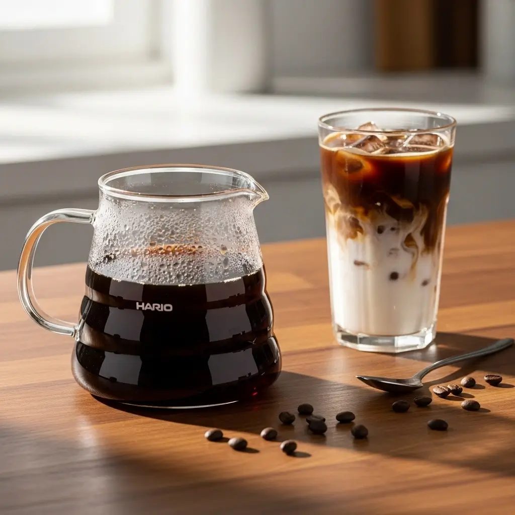 Hario Mizudashi Cold Brew Pot filled with coffee beside a glass of iced cold brew on a wooden counter