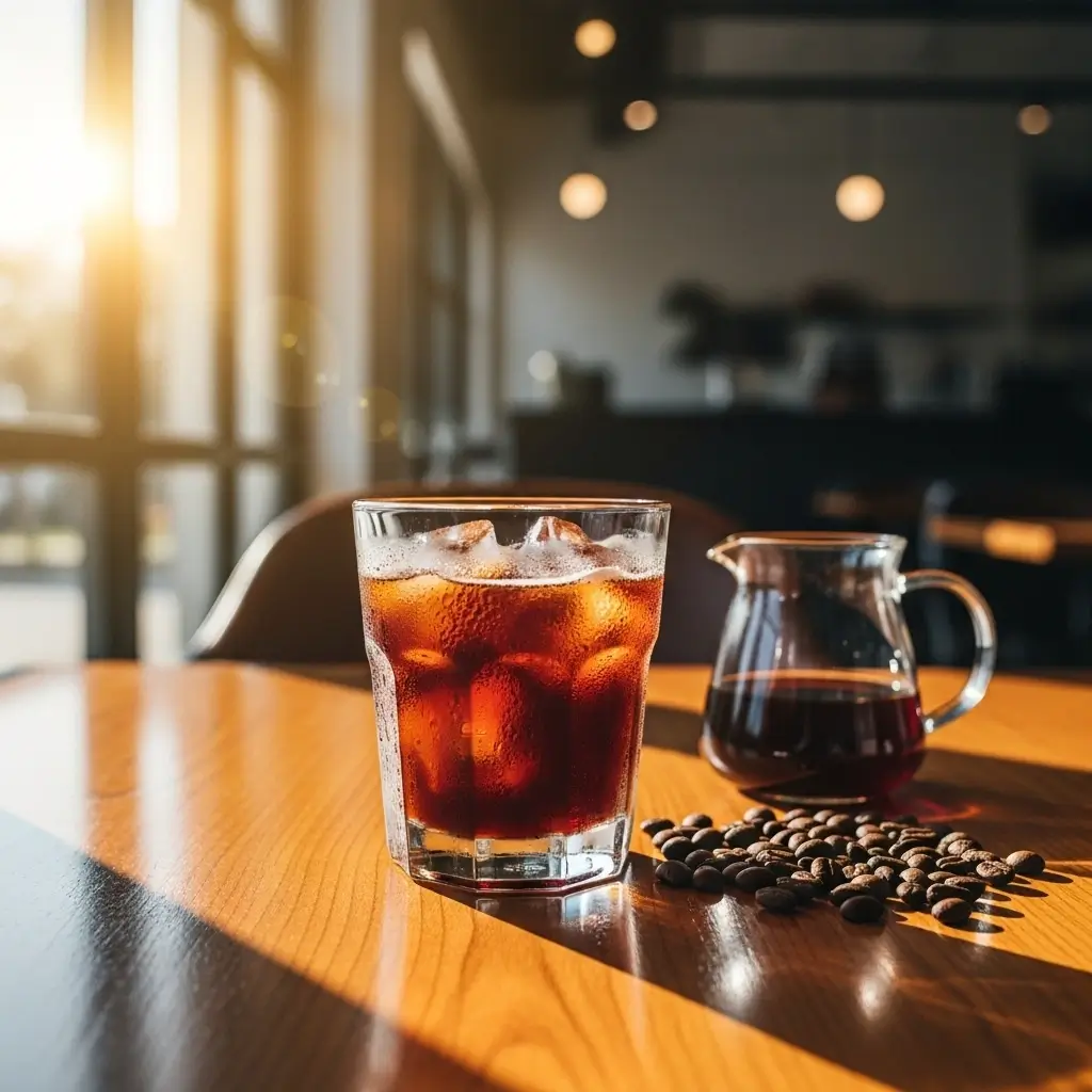 Glass of cold brew coffee with ice cubes and condensation in a sunlit café setting with coffee beans and a carafe nearby