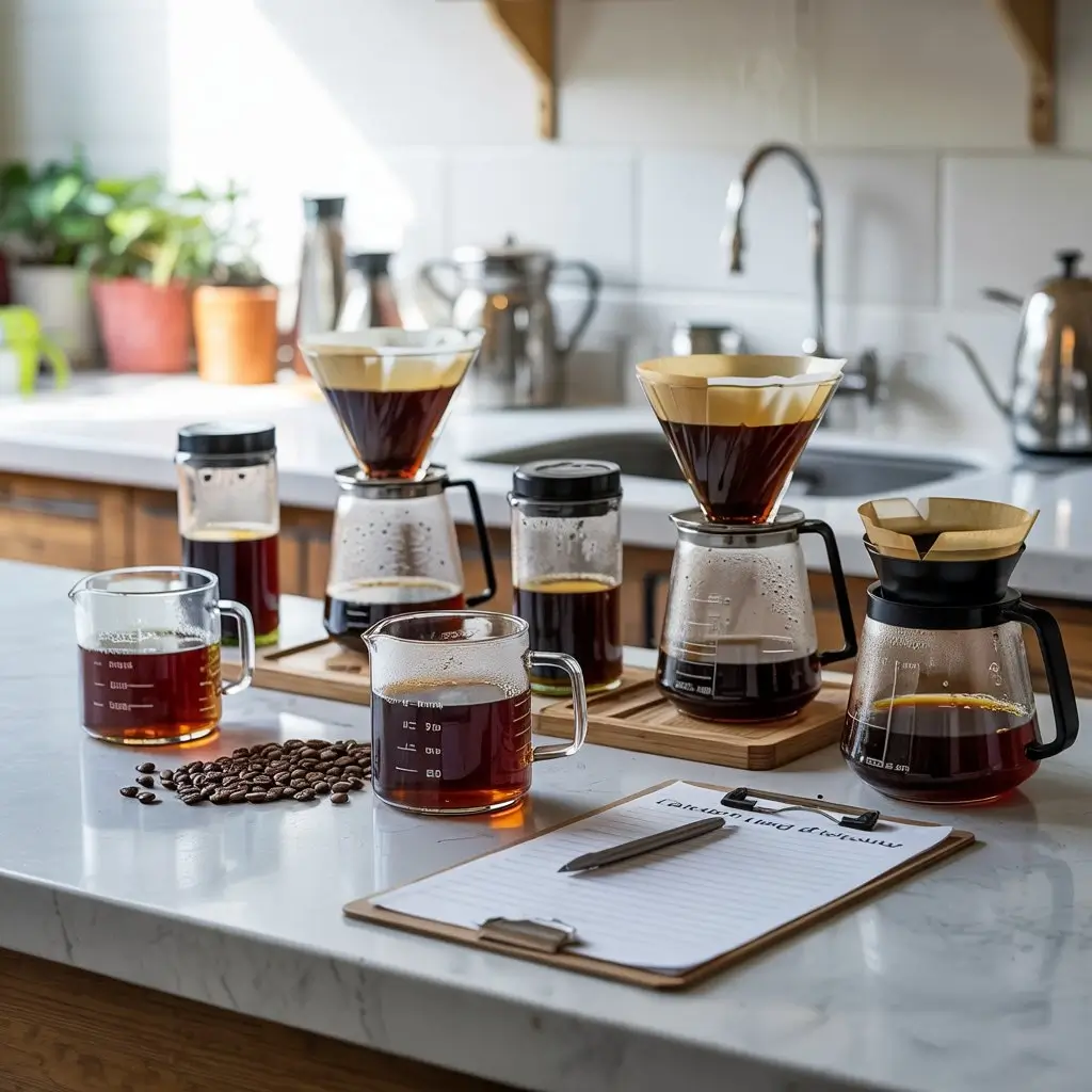 Cold brew coffee makers being tested on a kitchen counter with glasses of coffee, clipboard, and tasting setup