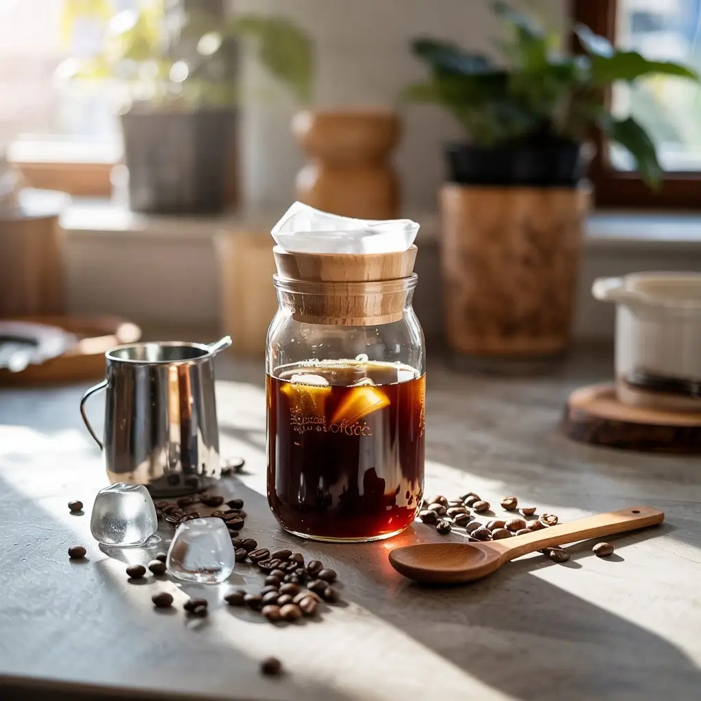 Homemade cold brew coffee in a glass jar with coffee grounds, filter, and ice cubes on a kitchen counter in natural light