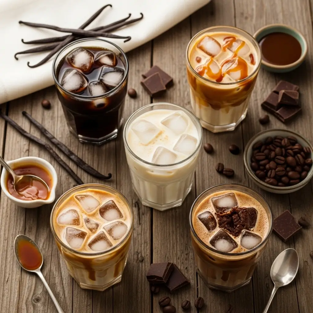 Assorted cold brew coffee recipes including vanilla, caramel, mocha, and classic black, styled on a wooden table with ingredients
