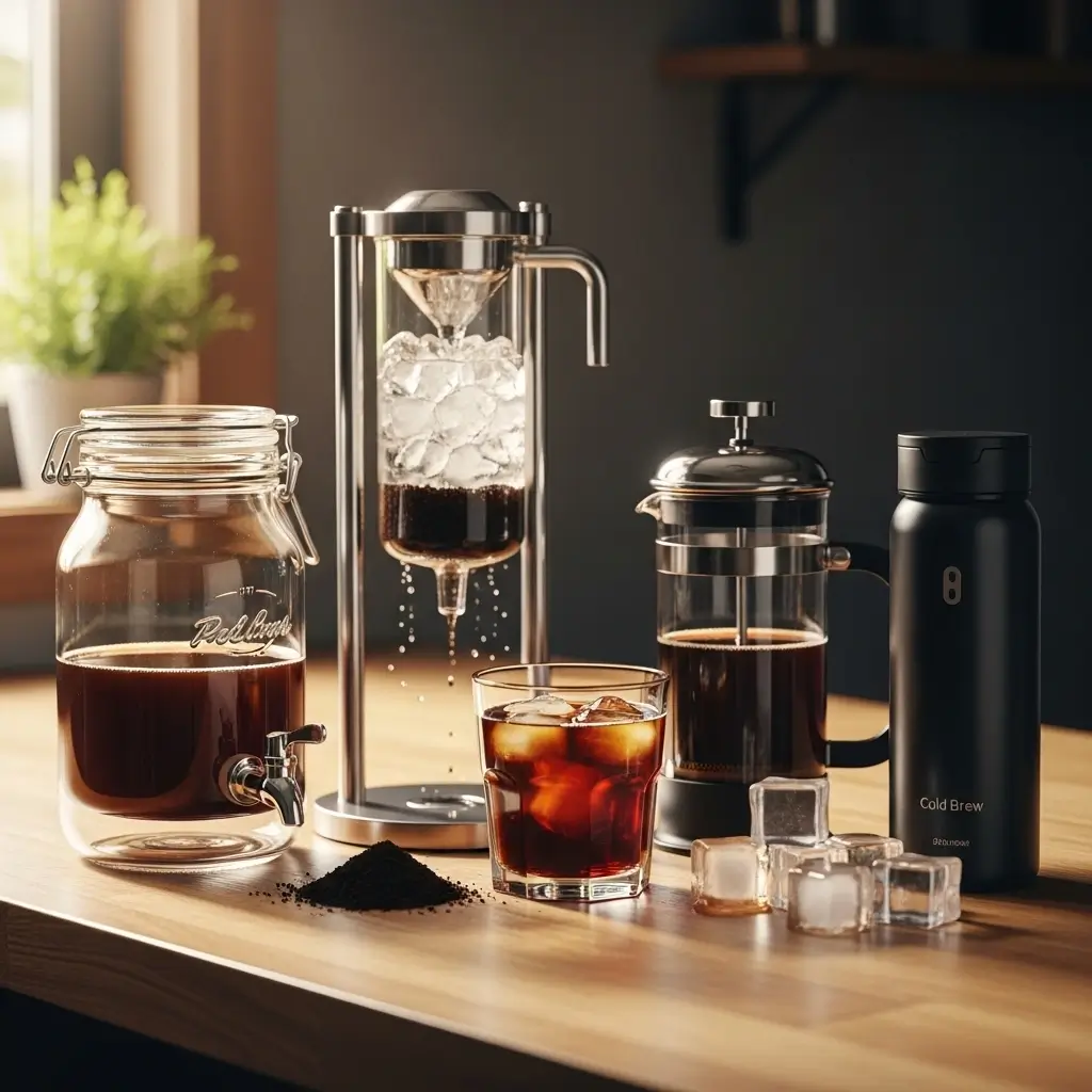 Various cold brew coffee makers displayed on a wooden counter with a glass of iced coffee and brewing tools