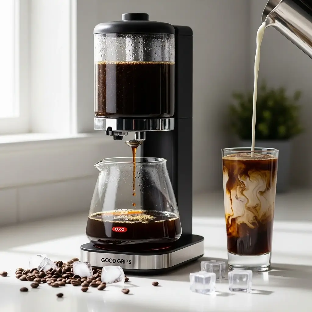 OXO Good Grips Cold Brew Coffee Maker dripping coffee concentrate into its carafe beside a glass of iced coffee