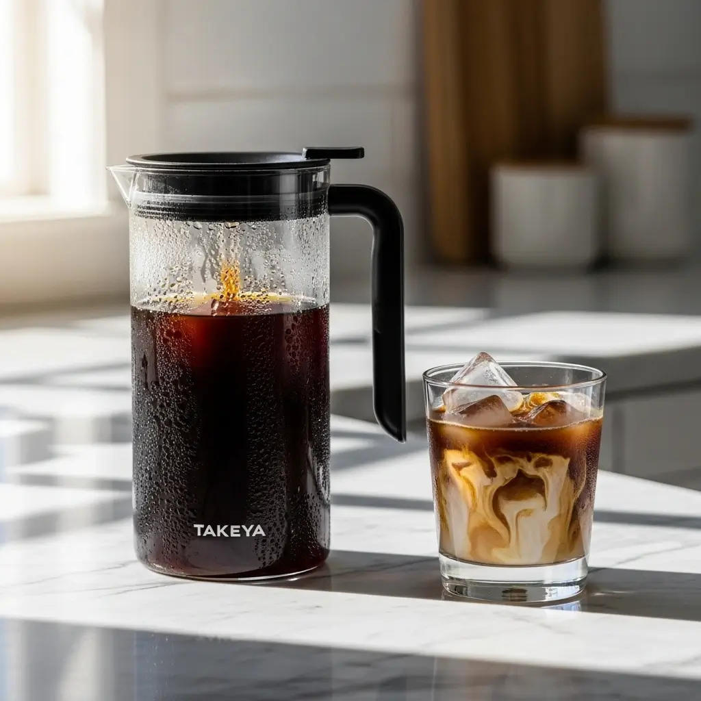 Takeya Deluxe Cold Brew Maker filled with coffee next to a chilled glass of iced cold brew