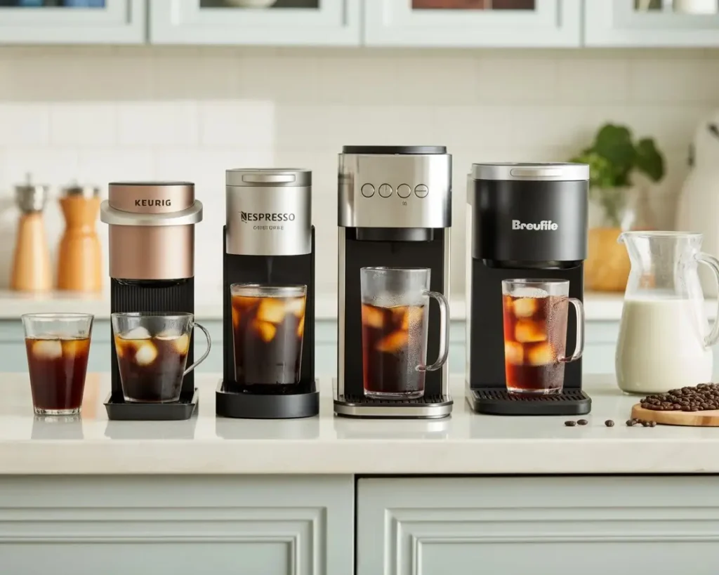 Five top iced coffee machines on a kitchen counter, each brewing iced coffee with glasses of ice