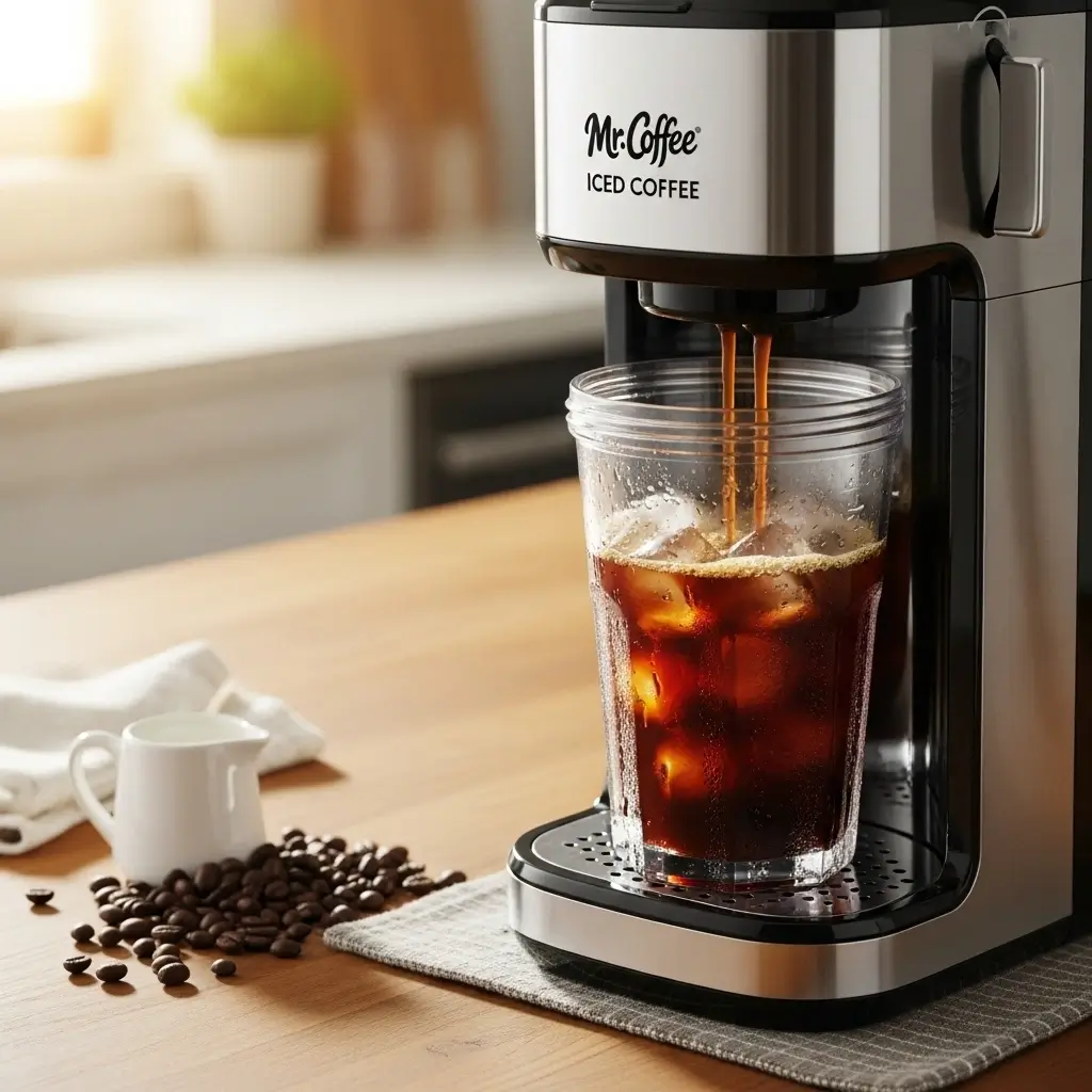 Mr. Coffee Iced Coffee Maker brewing iced coffee into a tumbler filled with ice on a kitchen counter