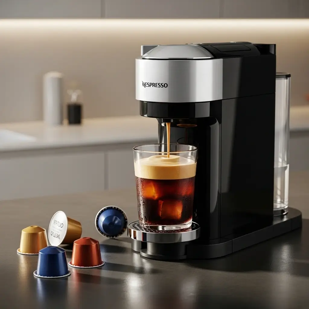 Nespresso VertuoPlus brewing iced coffee into a glass with ice cubes, surrounded by coffee pods on a kitchen counter