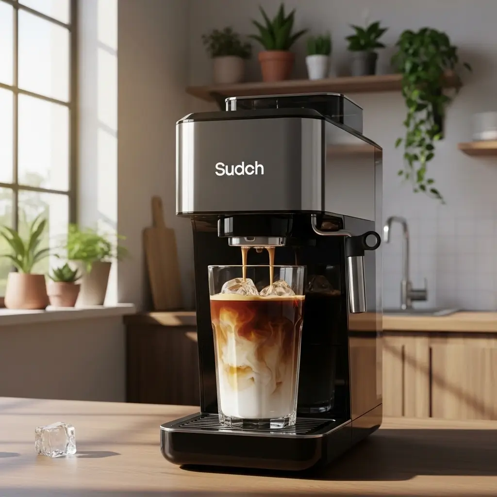 Iced coffee machine brewing coffee into a glass with ice and milk in a modern kitchen
