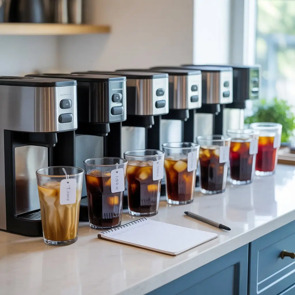 Multiple iced coffee machines on a kitchen counter with labeled glasses of iced coffee and a notepad
