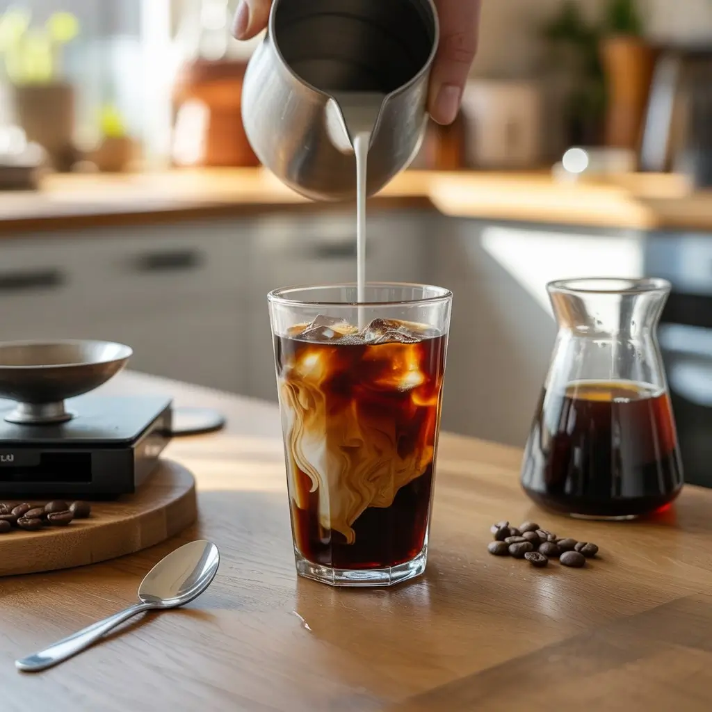 Perfectly brewed iced coffee with milk swirl on a kitchen counter surrounded by coffee beans and tools