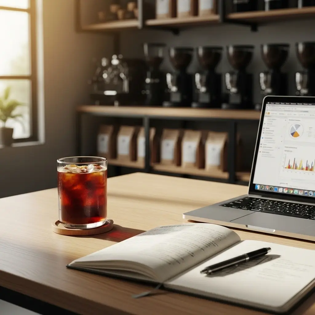 Iced coffee on a desk with a notebook and laptop showing expert notes about coffee