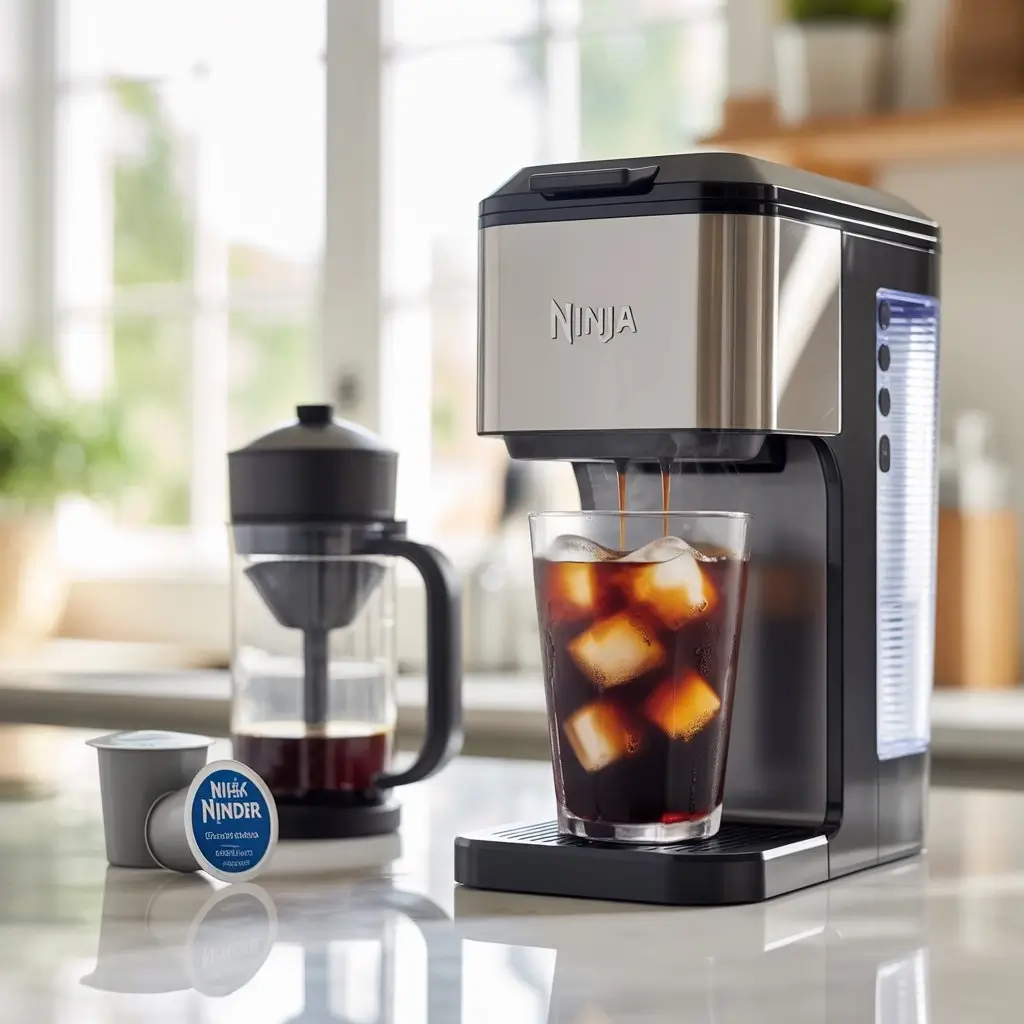 Ninja DualBrew Pro coffee maker brewing iced coffee into a glass with ice on a kitchen counter