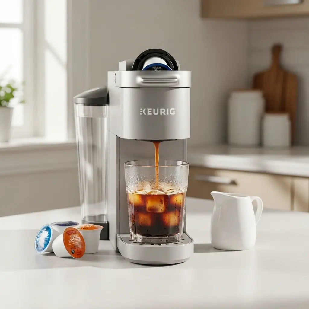 Keurig K-Iced Brewer brewing coffee over ice in a clear glass on a bright kitchen counter
