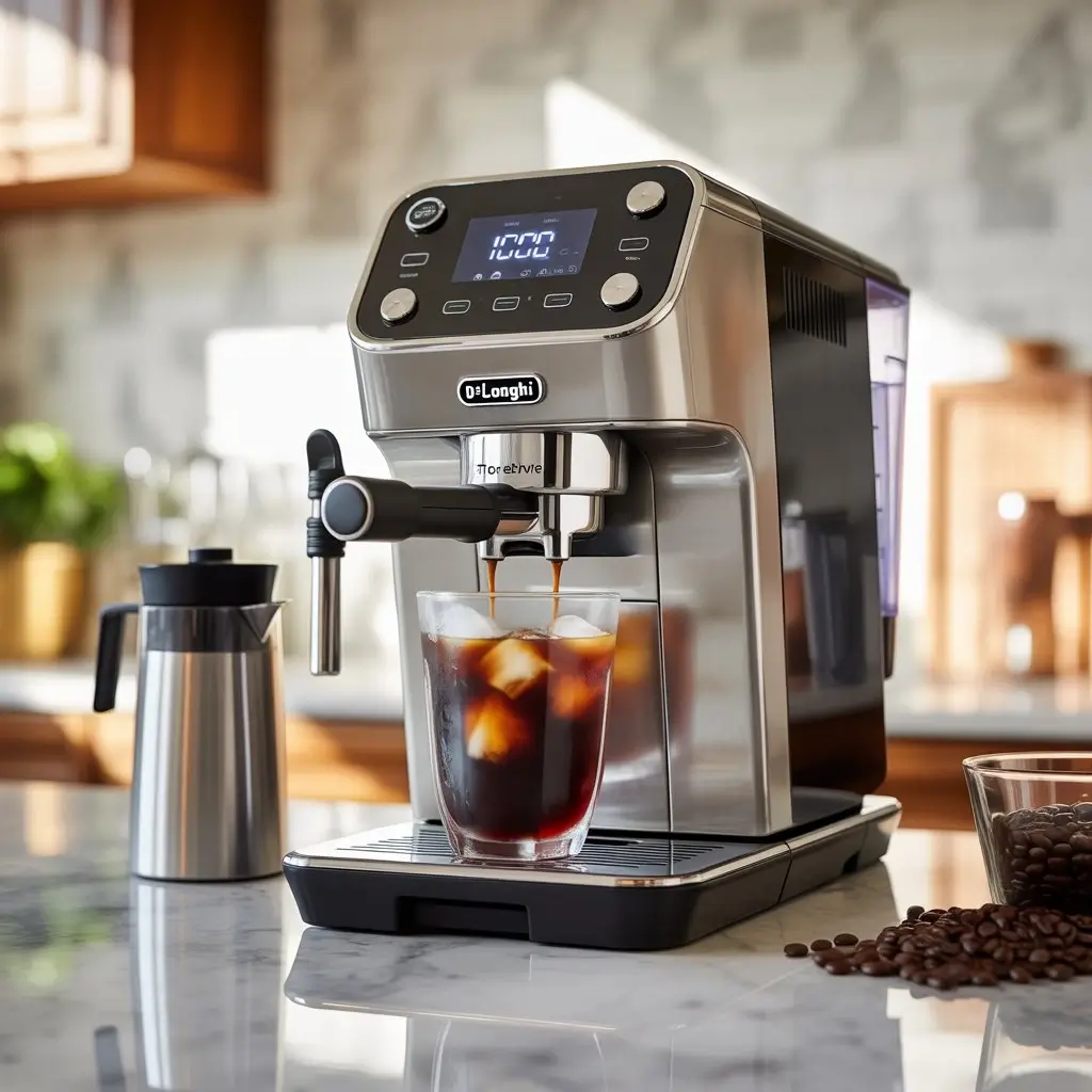 De’Longhi TrueBrew machine brewing iced coffee into a glass of ice on a marble kitchen counter