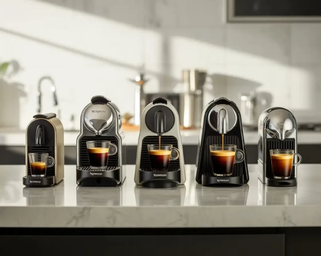 Five Nespresso machines displayed on a marble kitchen counter with espresso cups in a bright modern kitchen.