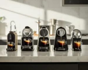 Five Nespresso machines displayed on a marble kitchen counter with espresso cups in a bright modern kitchen.