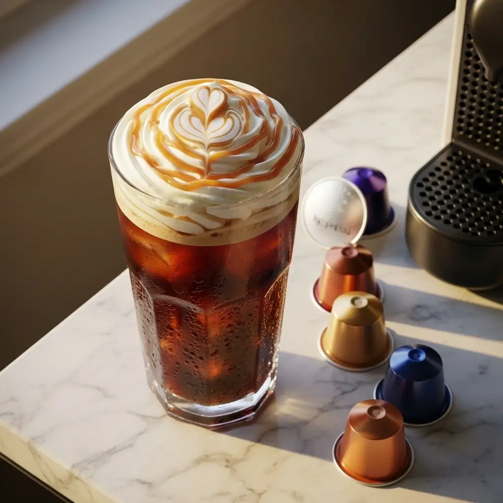 Nespresso iced coffee with ice, whipped cream, and caramel drizzle on a marble counter with coffee pods.