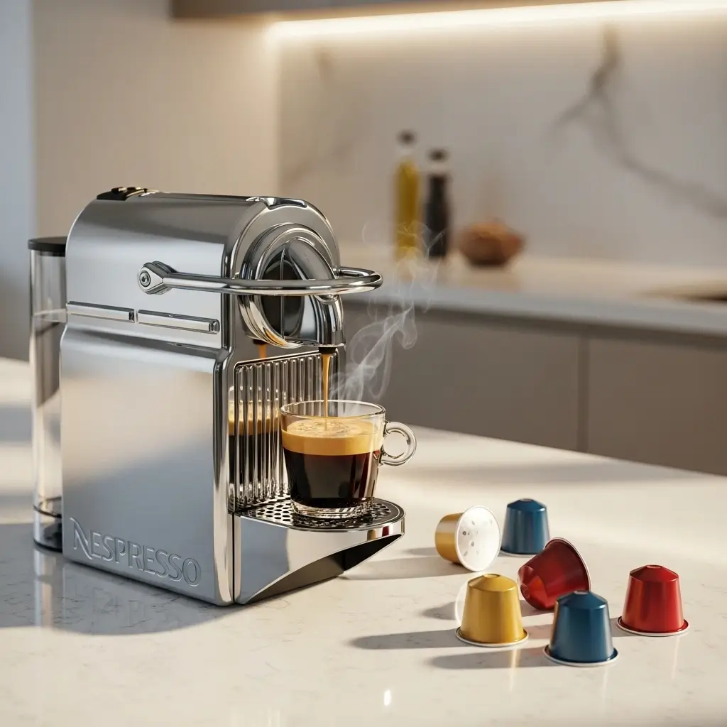 Nespresso machine brewing espresso with rich crema in a modern kitchen setting.