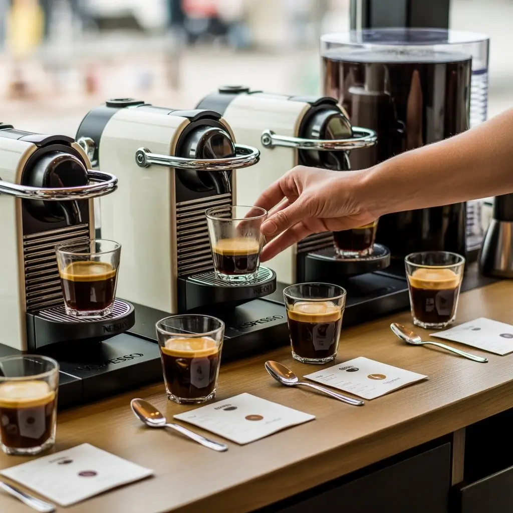 Coffee expert testing different Nespresso machines with espresso cups and tasting notes on a wooden counter.