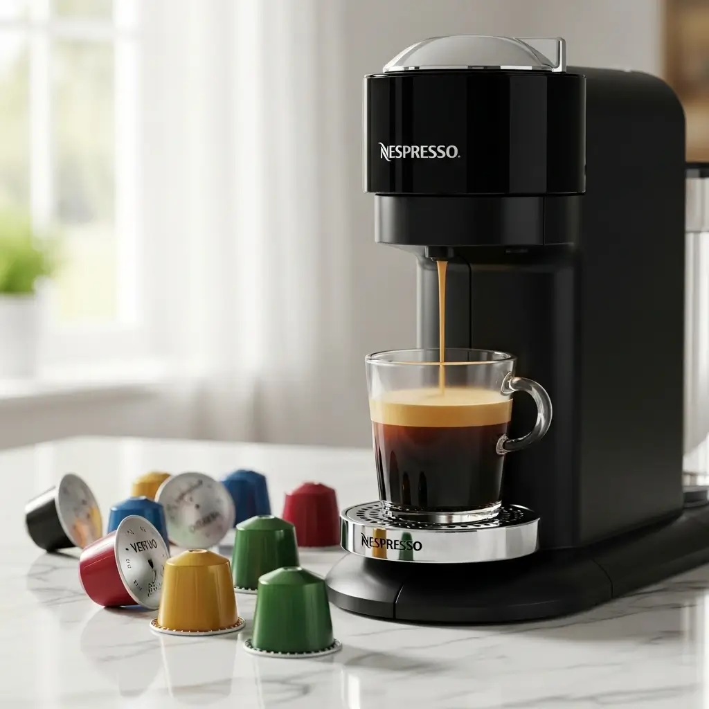 Nespresso VertuoPlus machine brewing coffee with Vertuo pods on a marble counter.