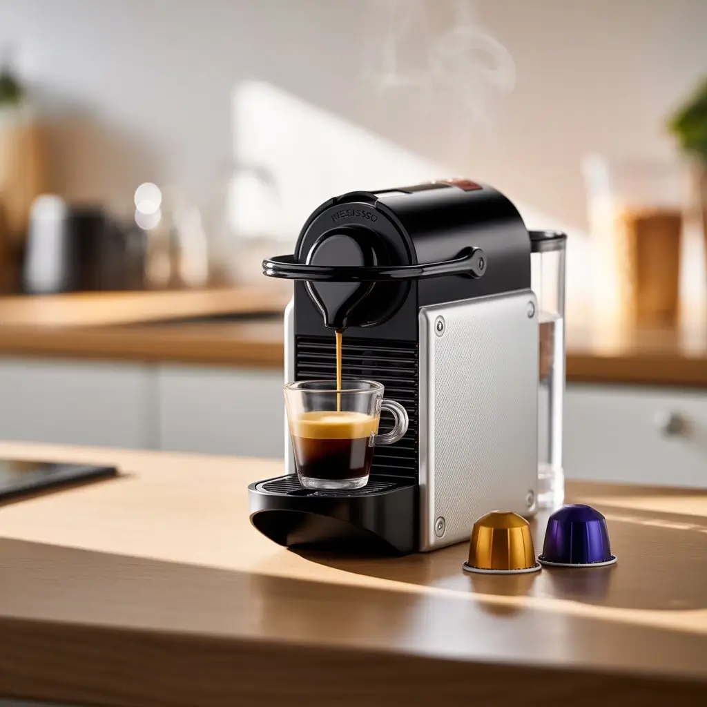 Compact Nespresso Essenza Mini brewing espresso with coffee pods on a wooden counter.