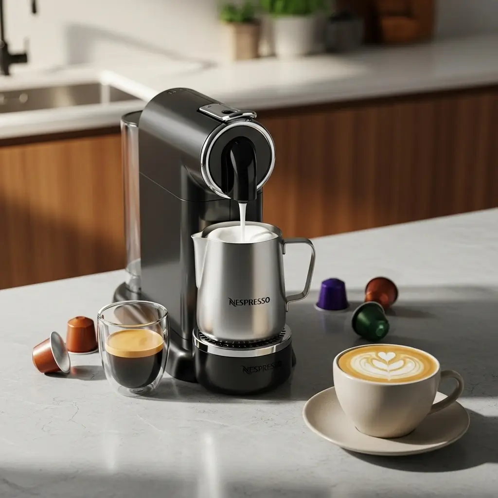 Nespresso CitiZ & Milk machine frothing milk beside espresso and coffee pods on a marble counter.